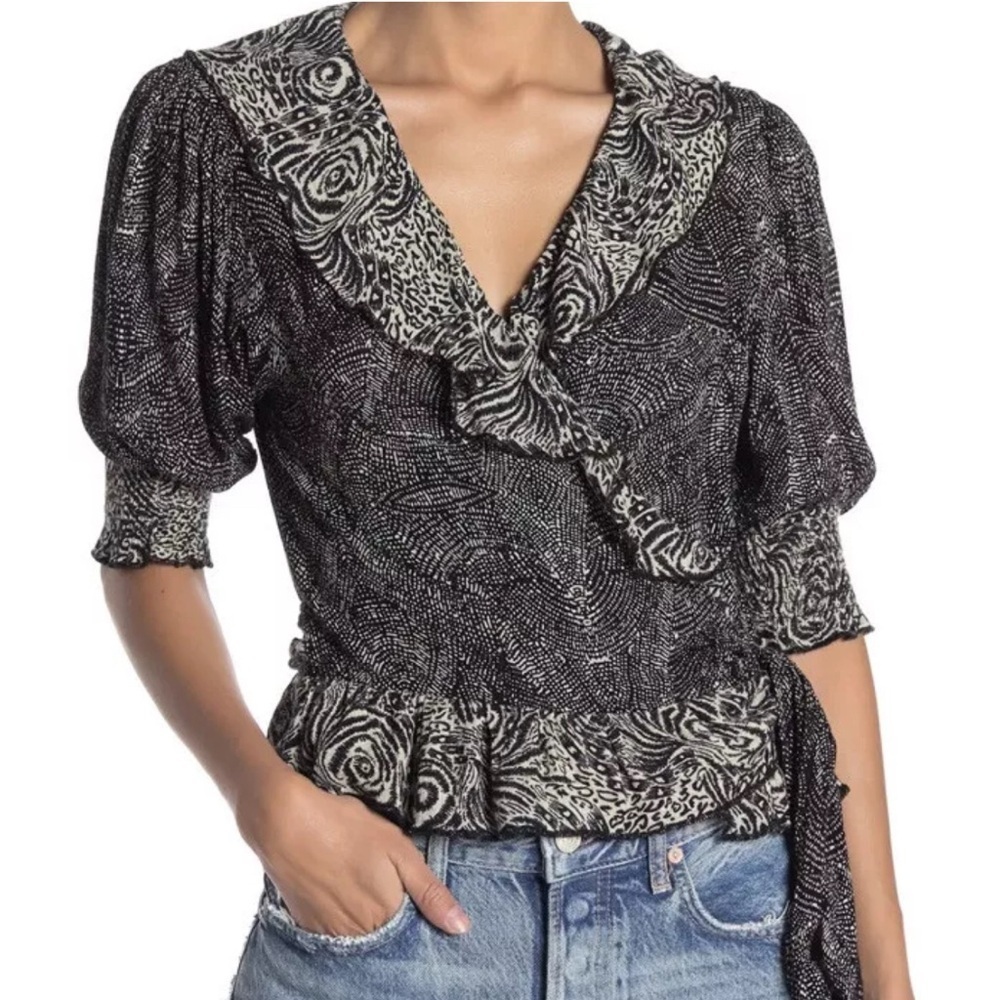 Free People Women's Size XS Black Olivia Ruffle Printed Wrap Top NEW.   70